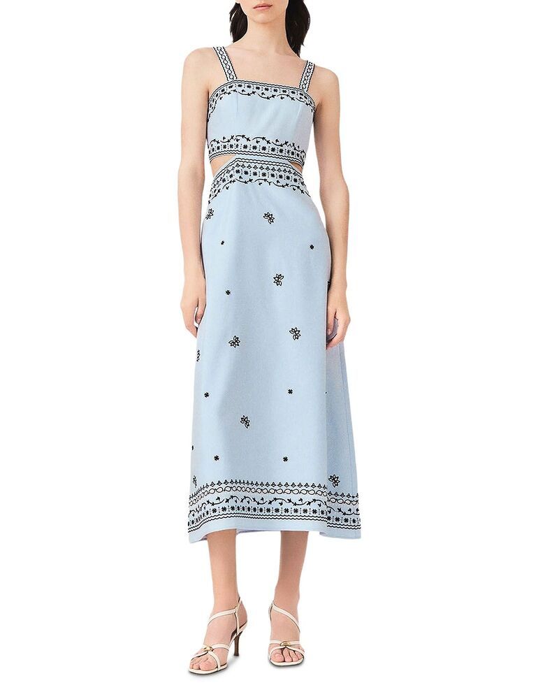 マージュ レディース トップス ワンピース 刺繍 リネン マキシ Majembroide red Linen Blend Maxi Dress Blue Sky ブルー