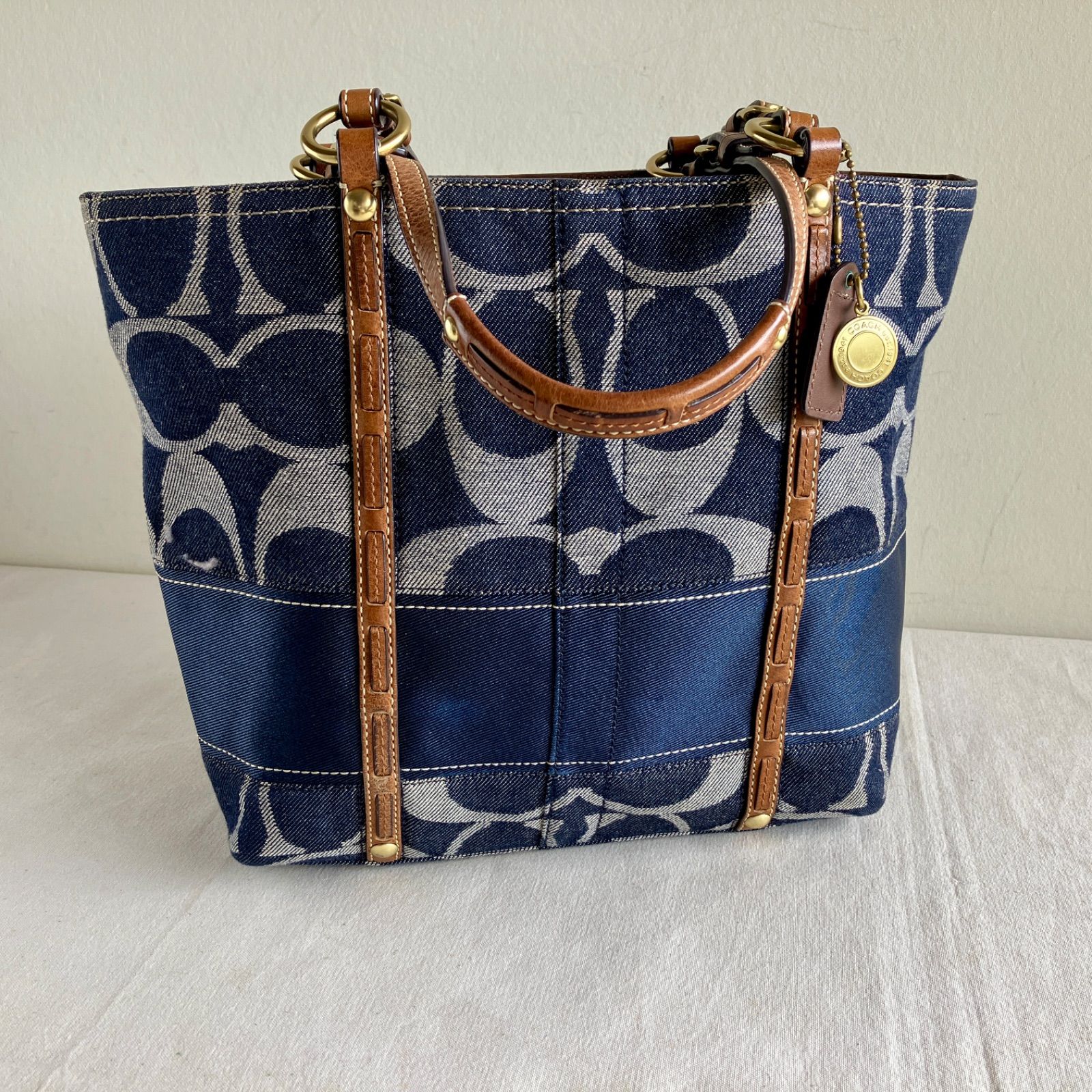 Coach Y2K Legacy Signature Denim Tote Blue Brown Leather Trim Vintage 2000s