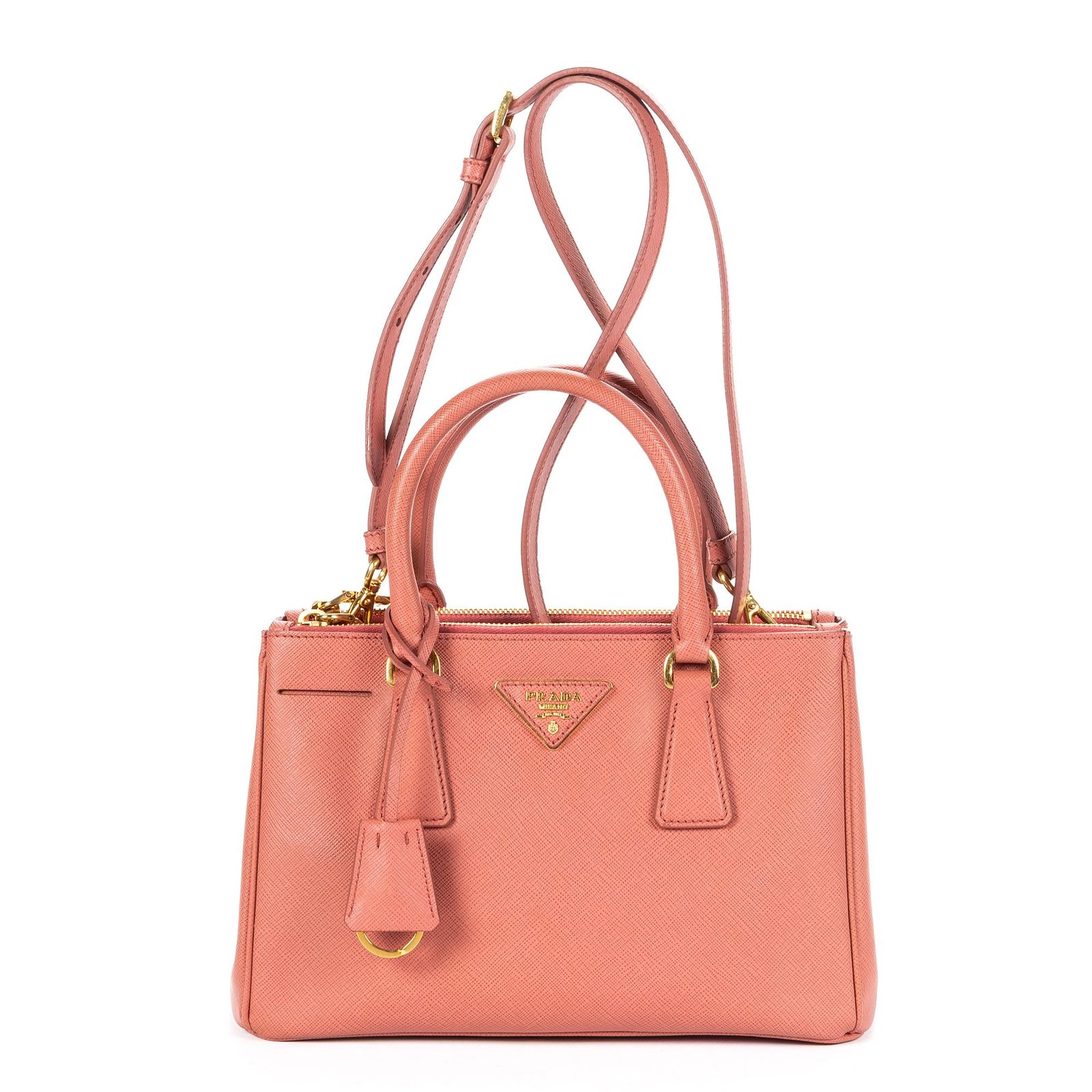 [中古] PRADA プラダラージダブルジップ ガレリア トートピンクサフィアーノレザーA