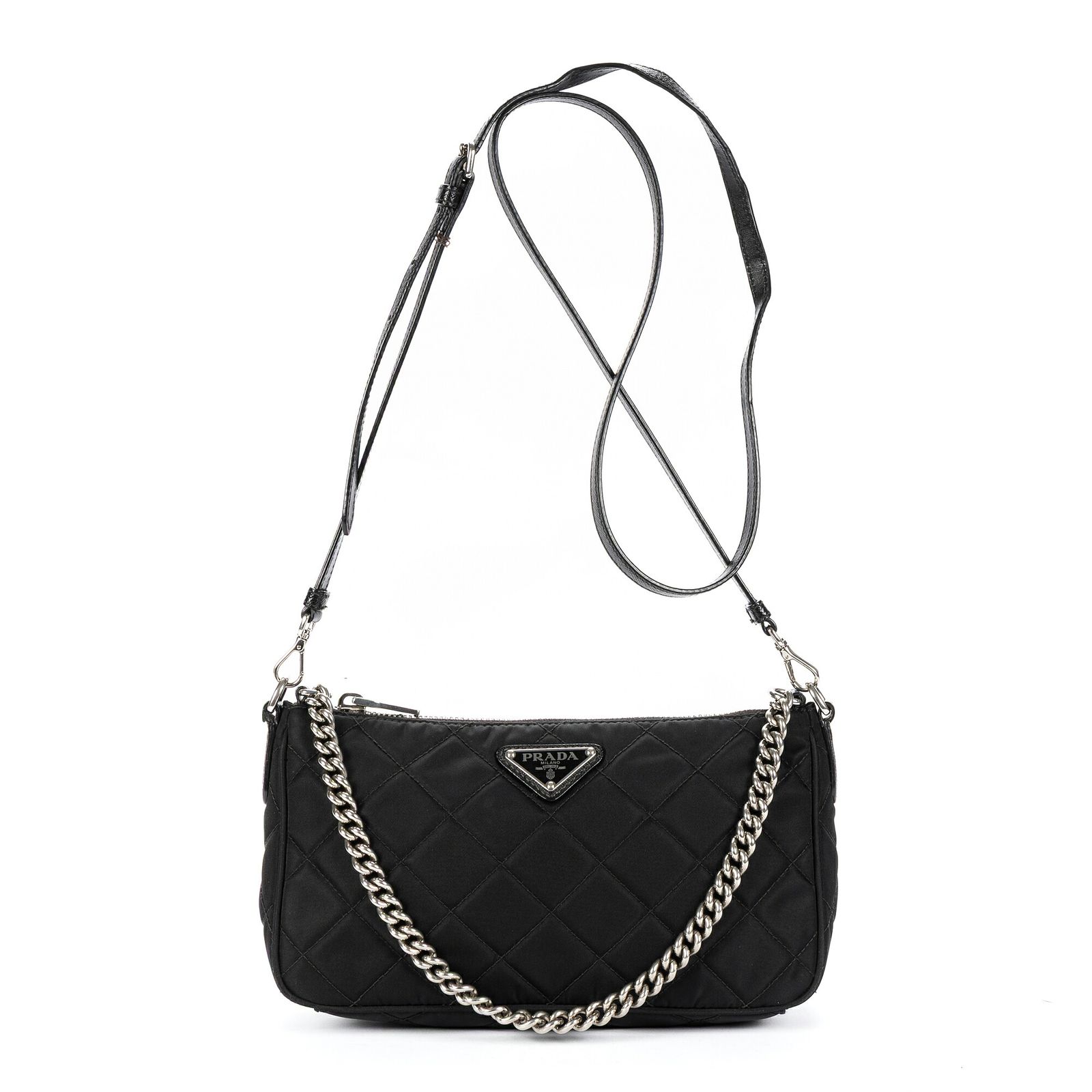 [中古] PRADA プラダチェーンショルダー黒ナイロンキャンバスA