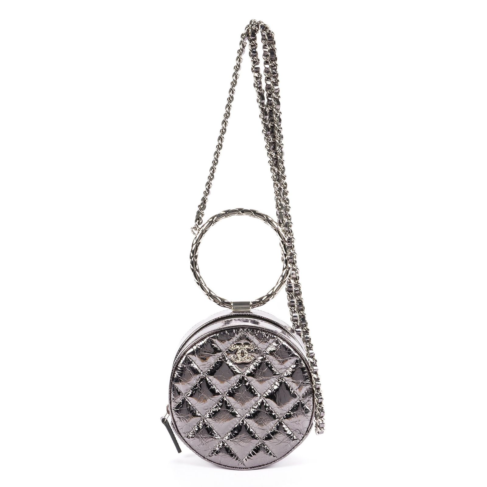 [中古] CHANEL シャネルRound Bracelet CrossbodyMetallic GreyCrinkled Metallic Quilted Calfskin LeatherA