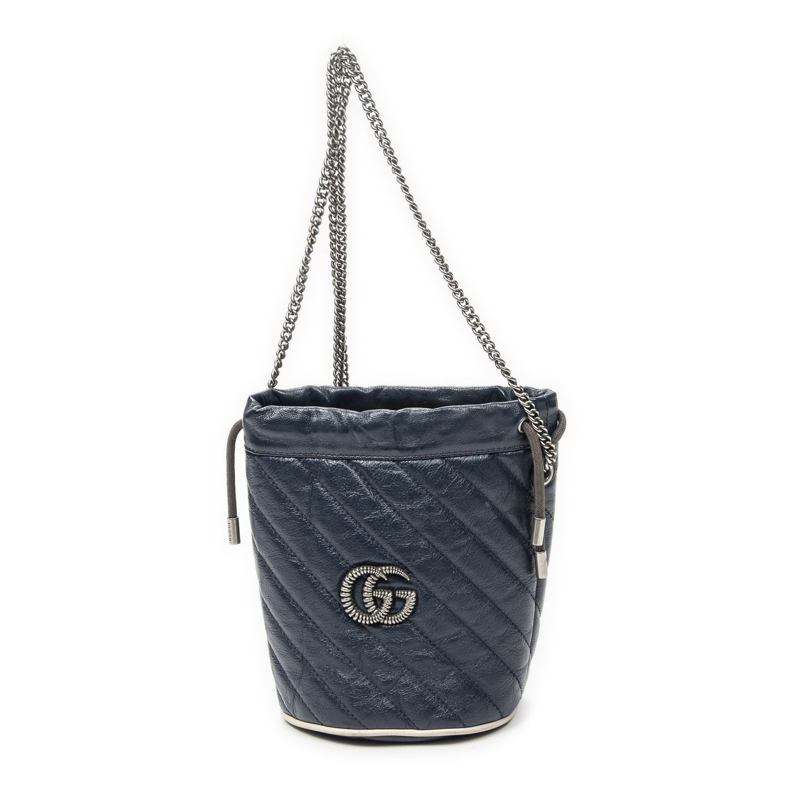 [中古] GUCCI グッチGG Marmont Torchon Bucket BagネイビーマトラッセカーフスキンA