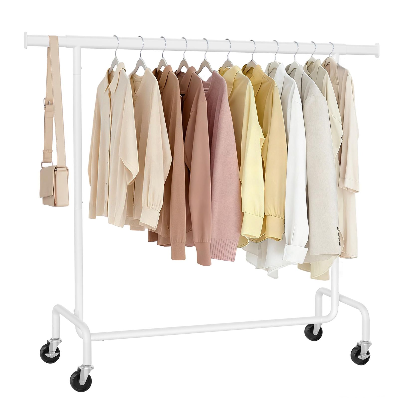 SONGMICS ハンガーラック 頑丈 大容量 伸縮ポール 洋服ラック 業務用 幅110~150cm スチールパイプ 高耐荷重130Kg 衣類収納 安定性 キャスター付き 移動しやすい ホワイト HSR011W01V2ｍａ