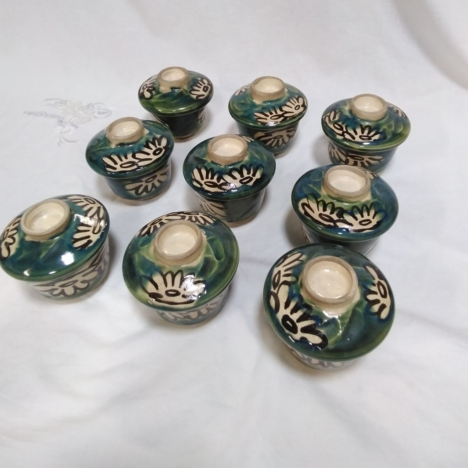 Oribe Okonomi Steamed Teacup, 9 pcs, sold in bulk, Chawansushi Soba with Lid, Hand Painted Antiques, Unbranded, Oribe Ware, Period Antique, Current Status, Used A289