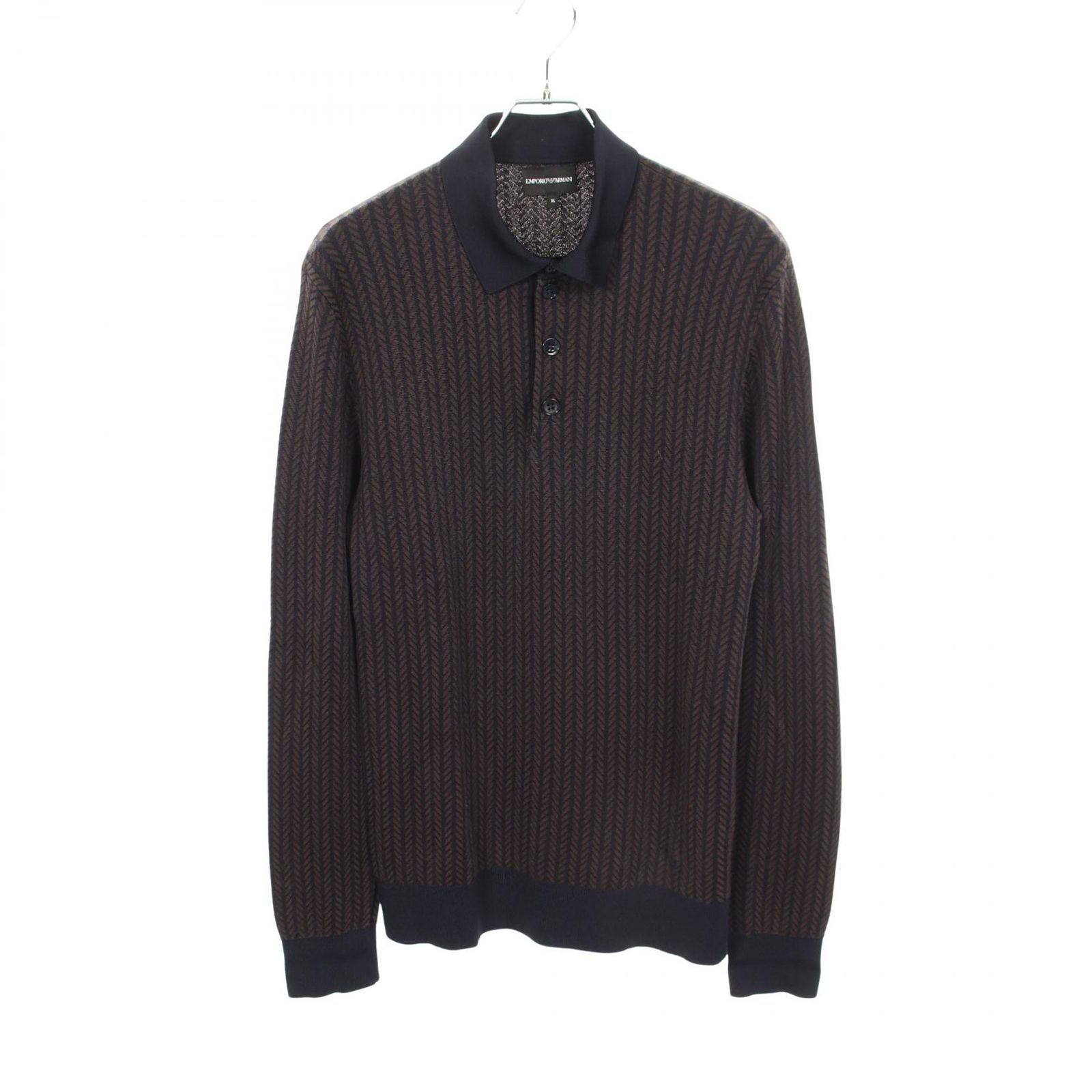 エンポリオ・アルマーニ Emporio Armani ポロシャツ 総柄 ニット 長袖 ネイビー/グレー ウール セーター メンズ Used A