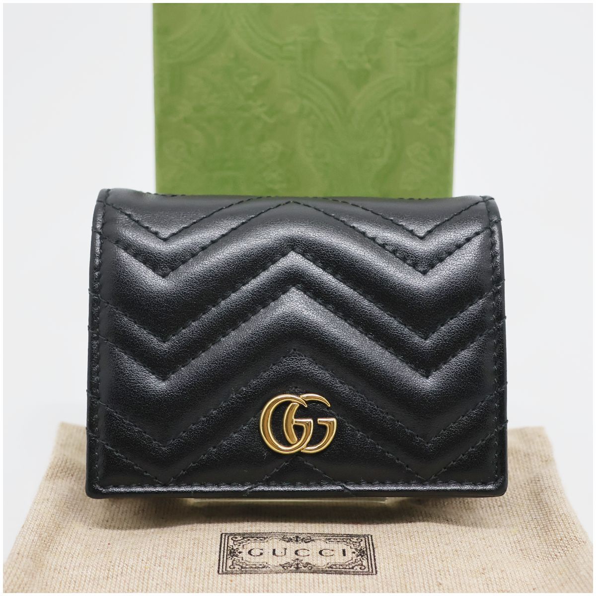 ≪極美品≫GUCCI グッチ GGマーモント キルティング ミニ財布 ブラック シェブロンレザー 466492 箱･保存袋付