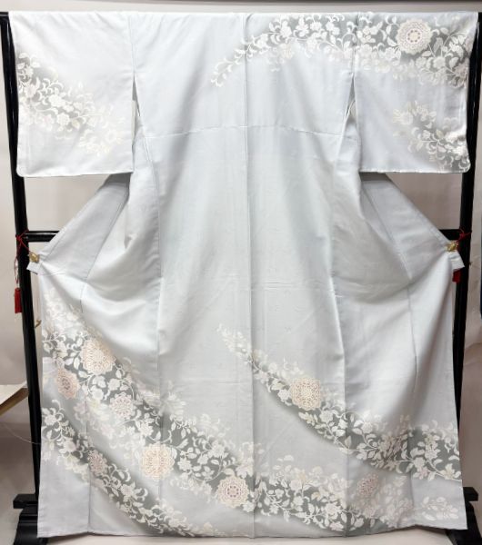 訪問着 着物 単品 合繊 仕立て上がり 絵羽柄 ライトグレー色 辻が花風 華文 和装 NO43890訪問着・付け下げ