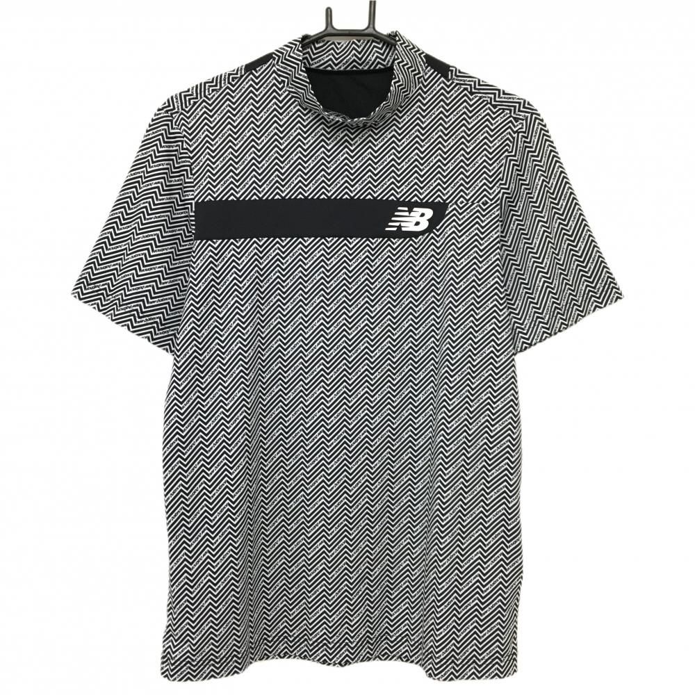 【超美品】ニューバランスゴルフ 半袖ハイネックシャツ 白×黒 ギザギザ柄風 ロゴ メンズ 5(L) ゴルフウェア New Balance