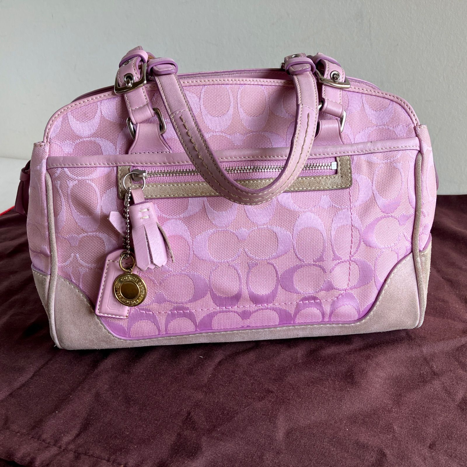 Coach Hampton Signature Jacquard Satchel Handbag Pink Lilac Suede Trim Y2K