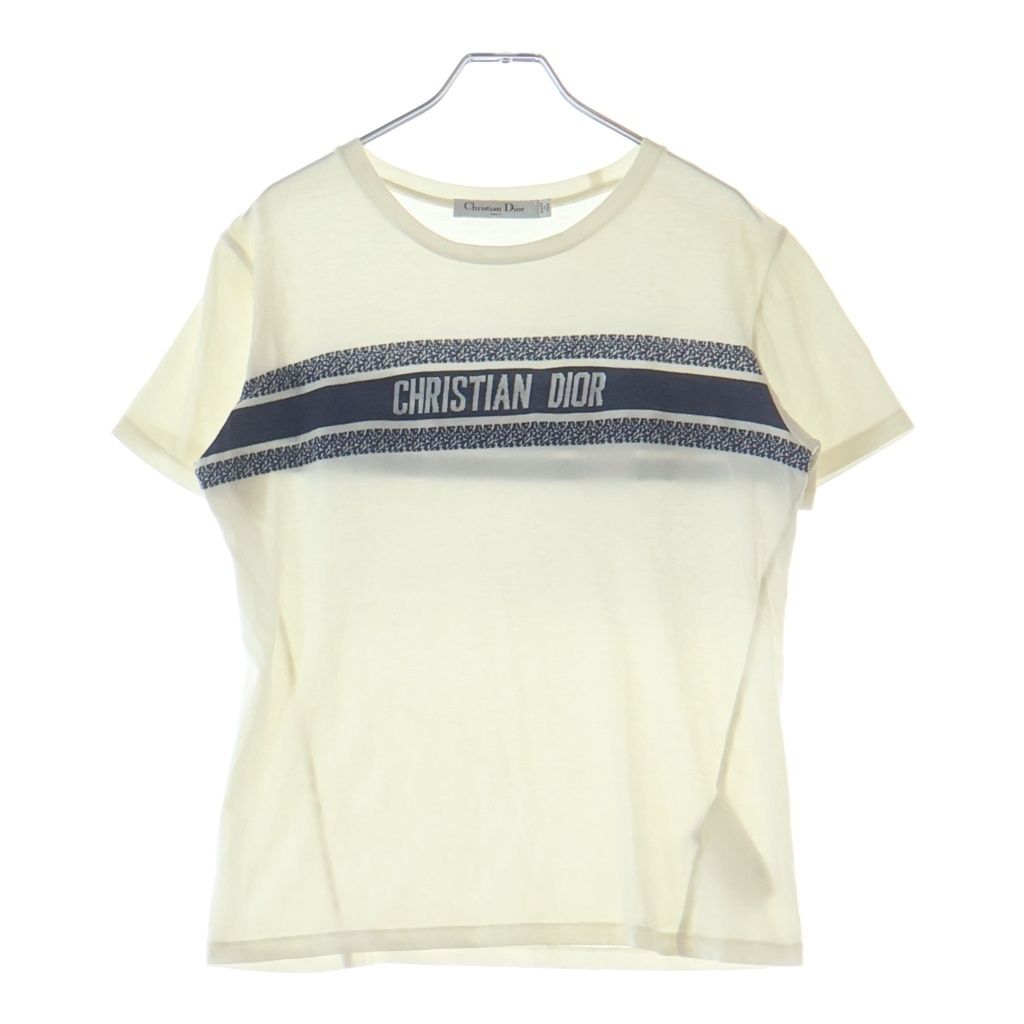 Christian Dior (クリスチャンディオール) シグネチャーバンド ロゴ クルーネック半袖Tシャツカットソー ホワイト/ネイビー コットン 143T04A4043