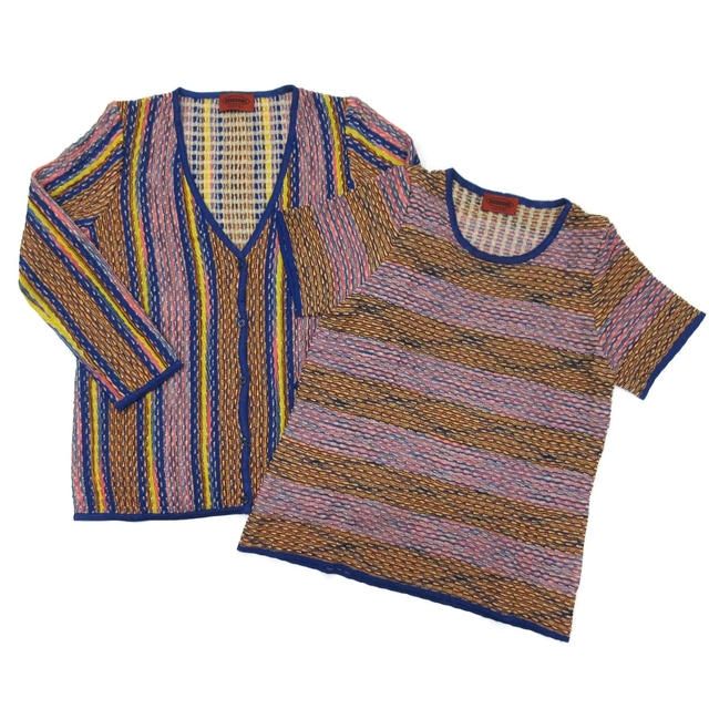 ミッソーニ MISSONI アンサンブル ツインニット ビスコース ウール 3D ニット 半袖 トップス Vネック カーディガン 46 ブルー系 マルチカラー