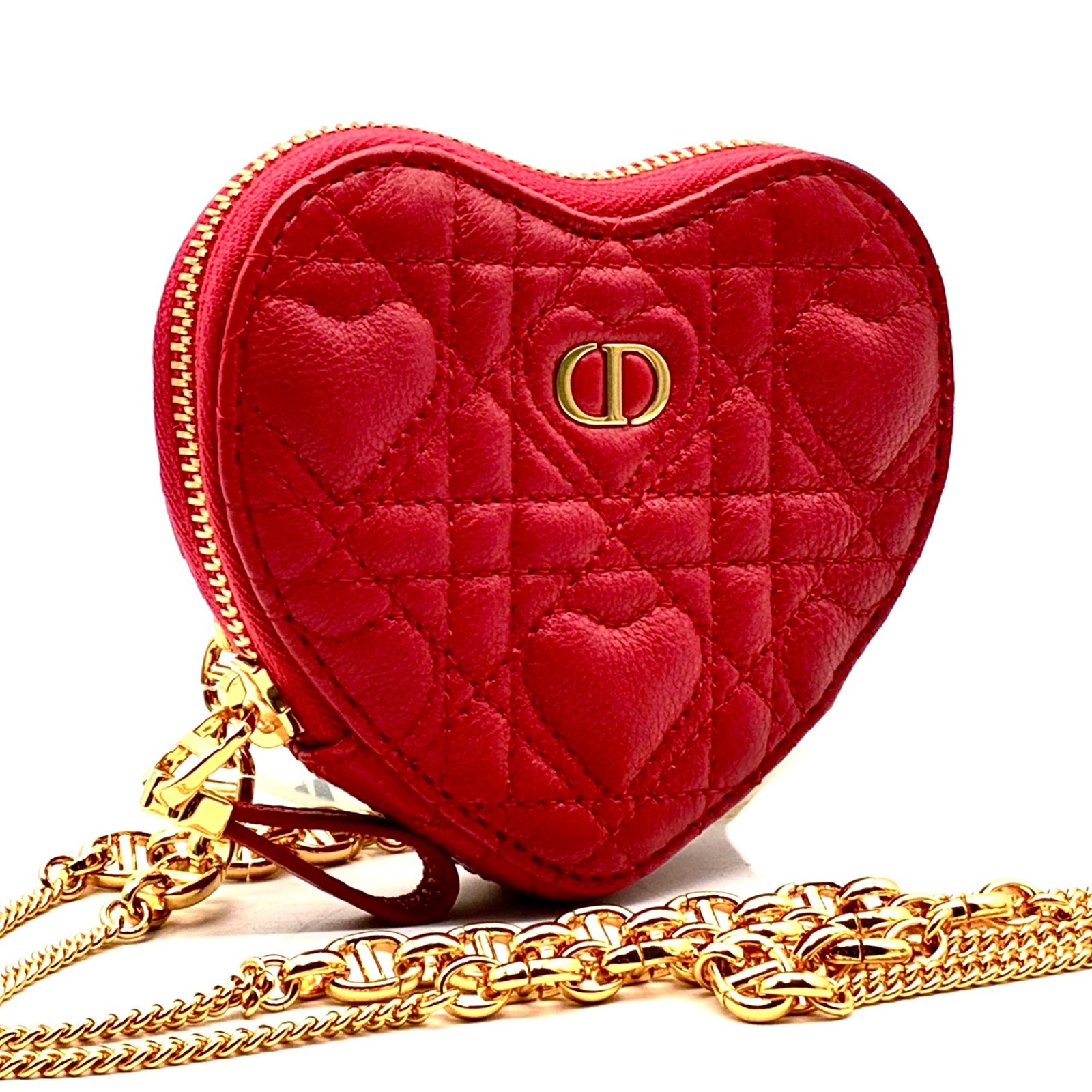 未使用に近い クリスチャンディオール Christian Dior カロ ハート チェーン ショルダーバッグ ミニポーチ CD金具 キルティング カナージュ レザー レッド 赤 斜め掛け 秋 ハロウィン ギフト プレゼント