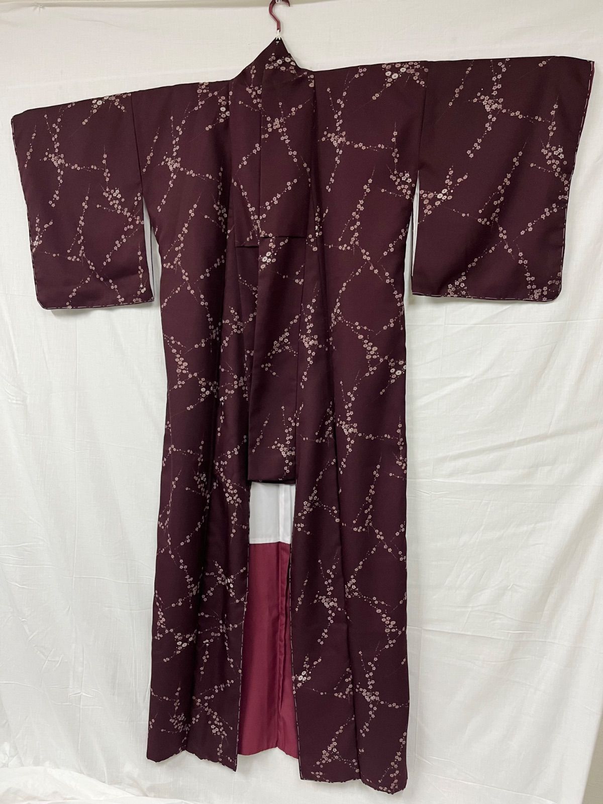 【未使用品】 美品　レディース　着物　小紋　きもの　赤紫系　花　撥水加工済み　M 　身丈159㎝　24