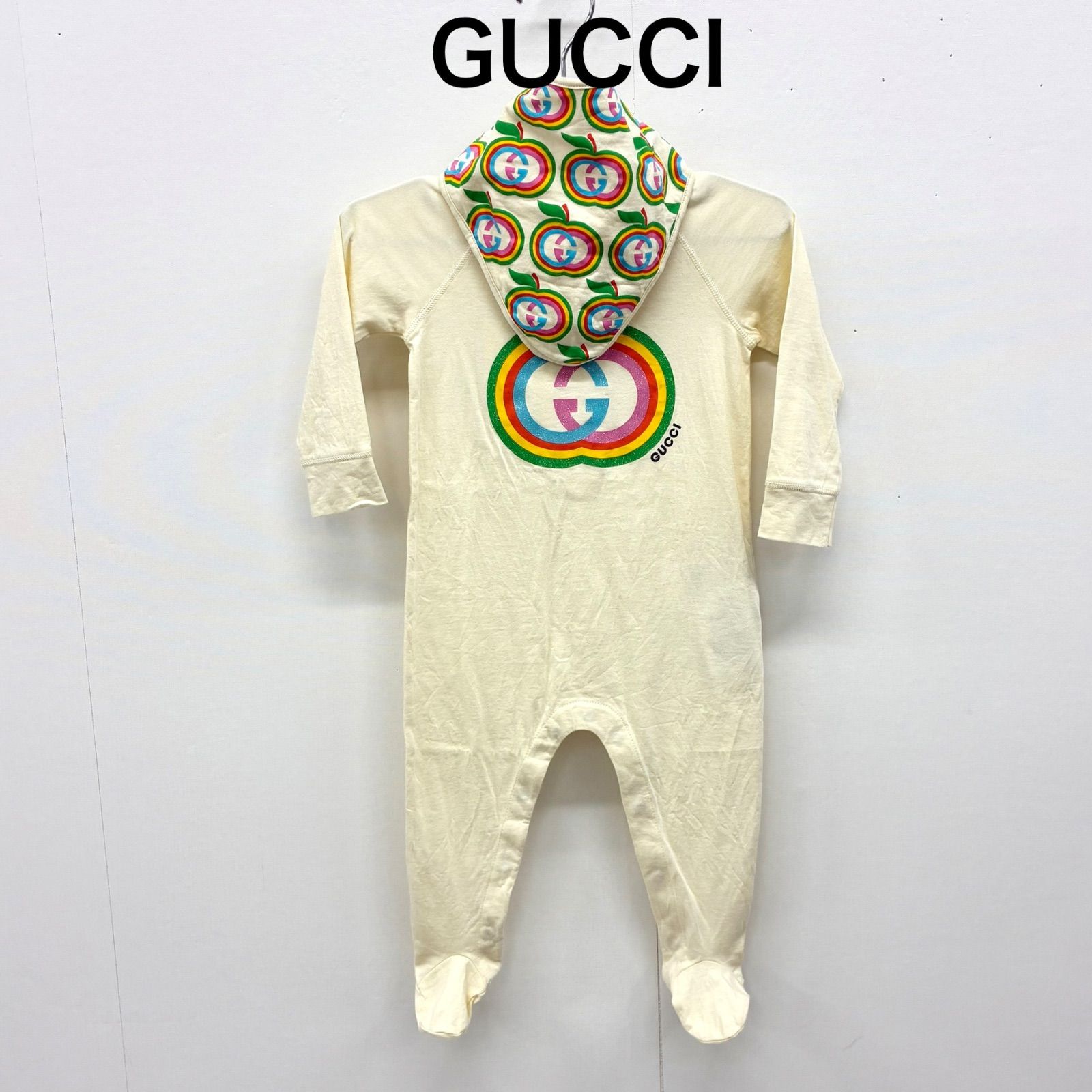 【グッチ GUCCI】キッズ・ベビー ほぼ新品！カバーオール×スタイ×帽子 3点セット 出産 お祝い ロンパース 70-80(9/12M) ライトイエロー系×マルチカラー ⭐︎ 9,088円