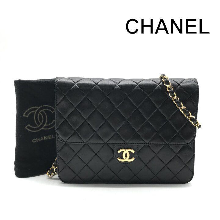 美品 CHANEL シャネル ココマーク ラムスキン レザー チェーン ショルダー バッグ ブラック プッシュロック 肩掛け レディース a13849
