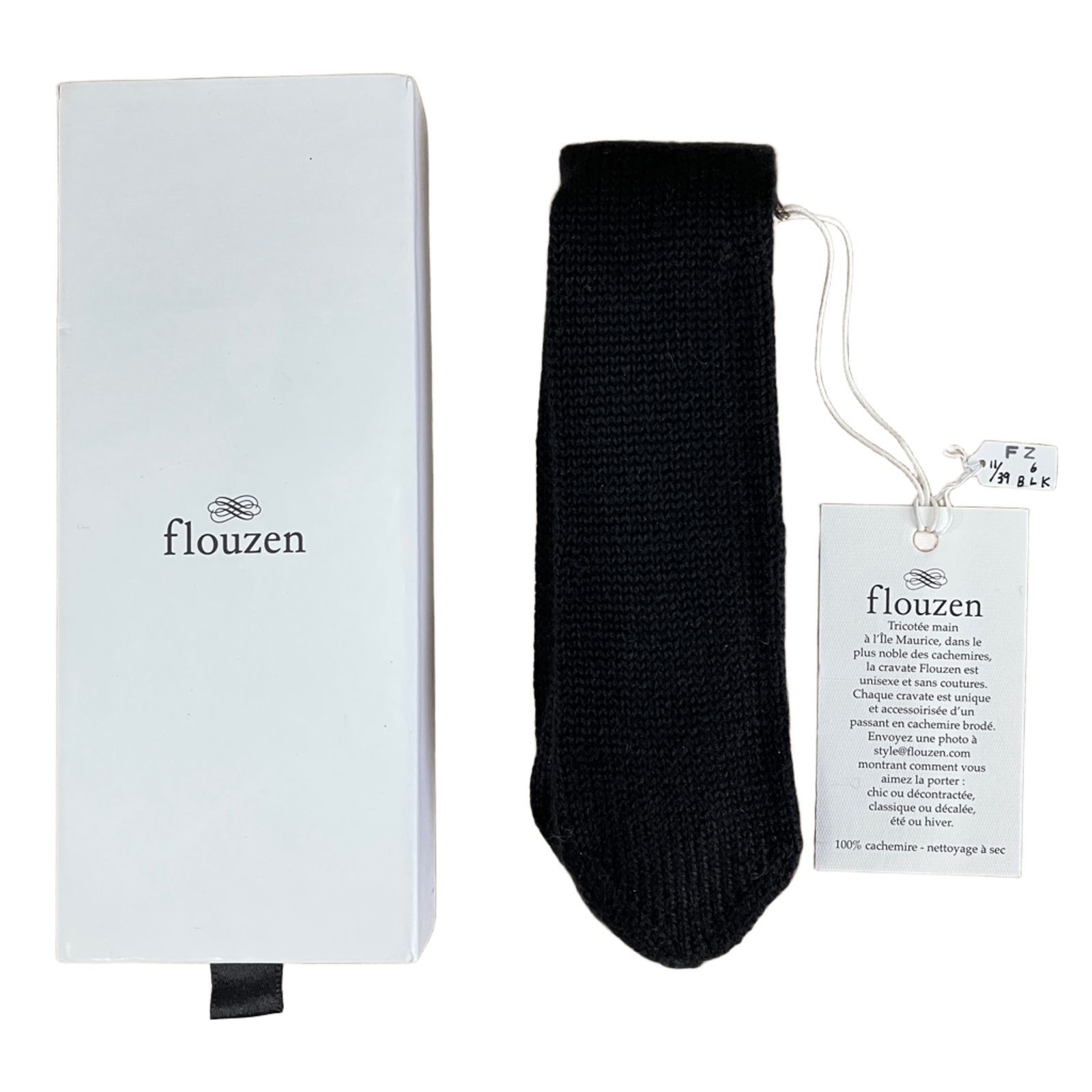 【新品タグ付】カシミヤ100% ニットタイ flouzen フローゼン 定価16,600円 ブラック 黒 ソリッドタイ 無地 シームレス 手編み ハンドメイド ナロータイ モーリシャス製 メンズ レディース ユニセックス 専用箱付 ※箱汚れあり 6,360円
