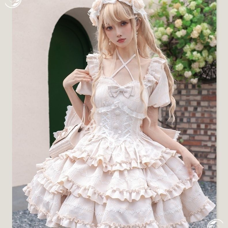 ロリータプリンセスフルセットOP - 優雅なリボン＆フリル装飾、クラシカルなドラマティックトレーンデザイン、甘ロリの華麗なワンピース カラー：ピンク、ブルー、アイボリー 11,622円