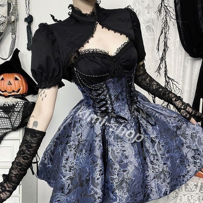 ダークゴシック lolita ゴシック風 ゴスロリ ロリータワンピースセット ブラックボレロ付き ハロウィン 魔女風 ブラック ブルー 痛ロリ 地雷系 可愛い お洒落 コルセット風 キャミワンピース セクシーコスプレ 地雷ファッション