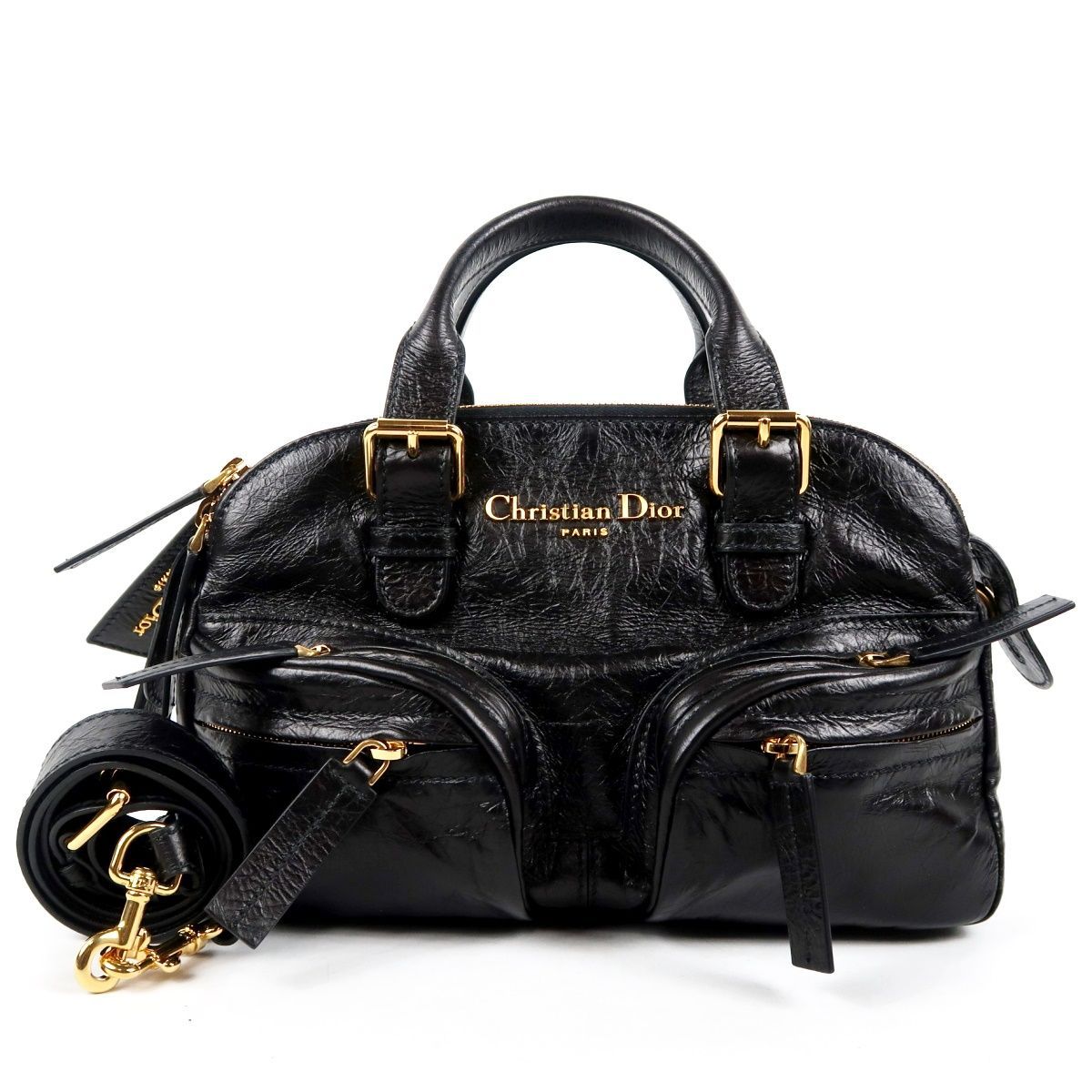 【超美品】Christian Dior ディオール イタリア製 ボーリングバッグ グランドツアー ハンド ブラック×ゴールド 2WAY ブランド鞄【VB35】