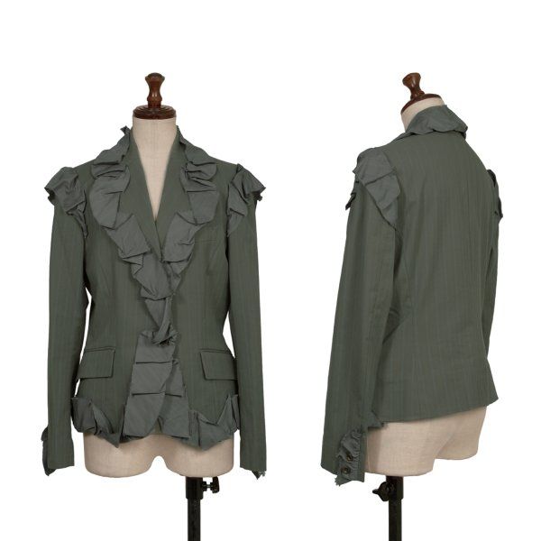 イッセイミヤケISSEY MIYAKE コットンナイロンフリルデザインストライプジャケット カーキ3 41,110円