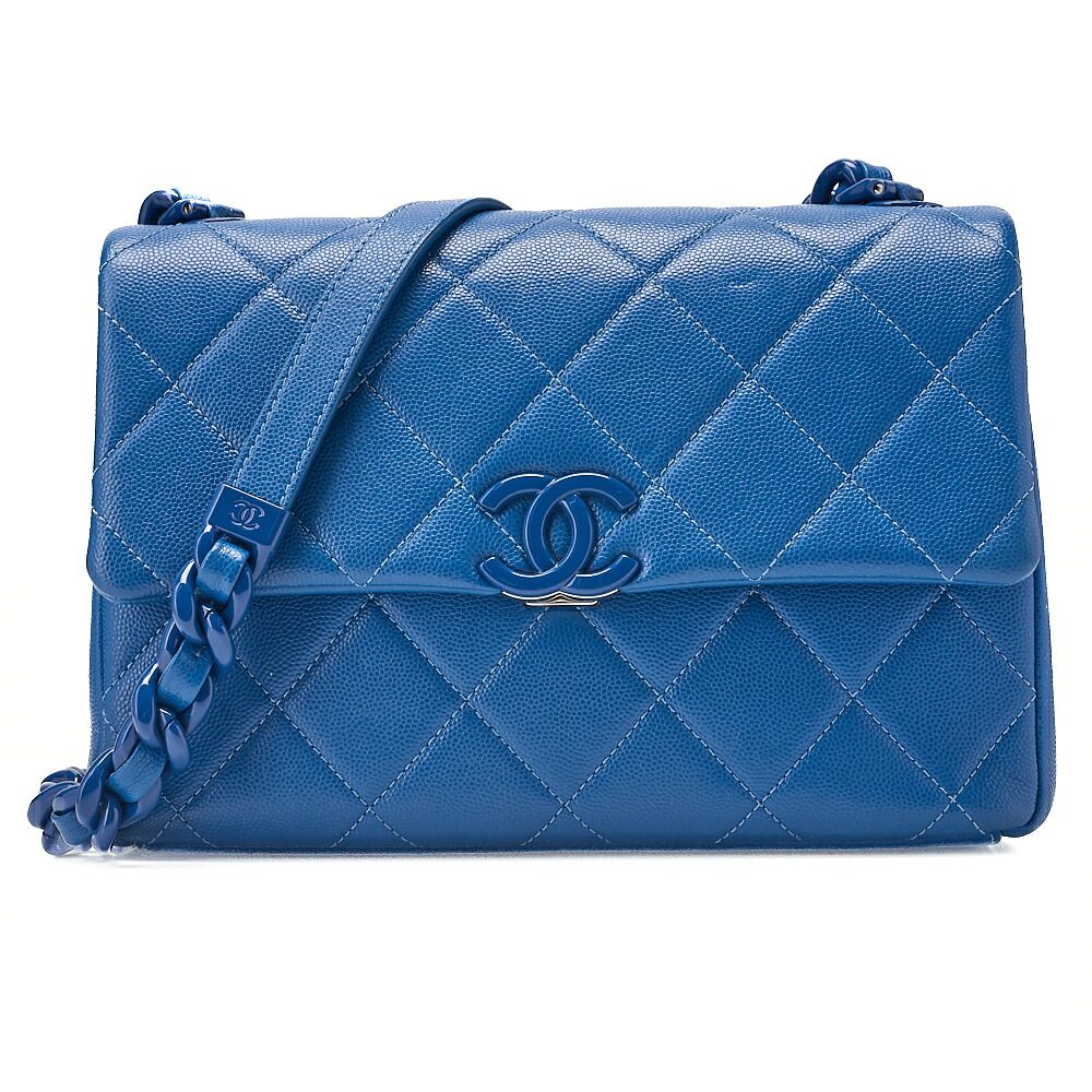 CHANEL シャネル　キャビアスキン　ターンロック　シングルフラップ　プラチェーンショルダー　ブルー（シルバー金具） ブランド【中古】【送料無料】 261,000円