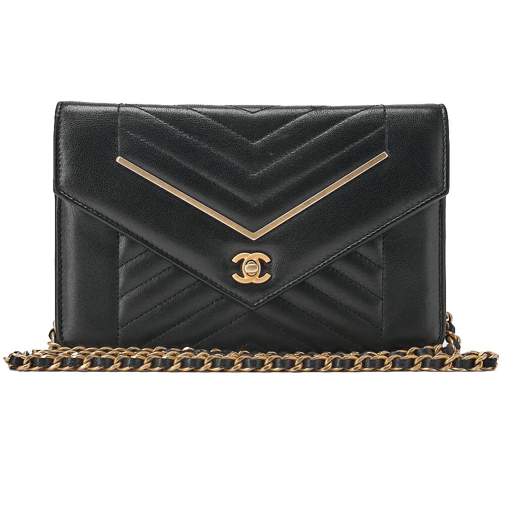 CHANEL シャネル ラムスキン Ｖステッチ ターンロック チェーンウォレット 黒 (ゴールド金具）ブランド【中古】【送料無料】