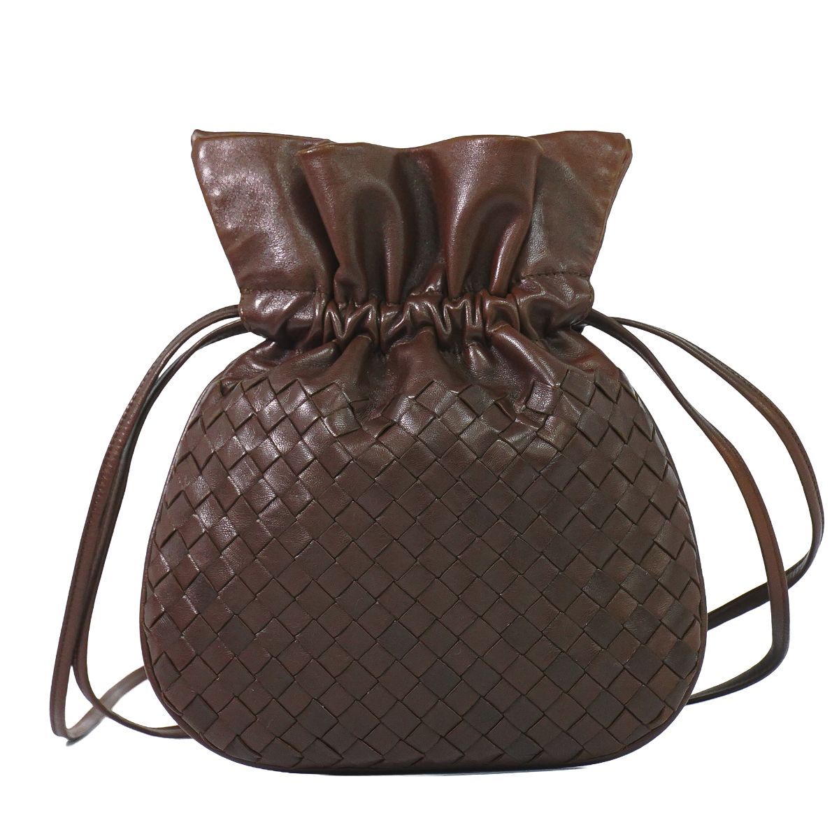 本物 ボッテガ ヴェネタ BOTTEGA VENETA イントレチャート 巾着 ショルダーバッグ ポシェット レザー ブラウン Intrecciato バッグ 中古・