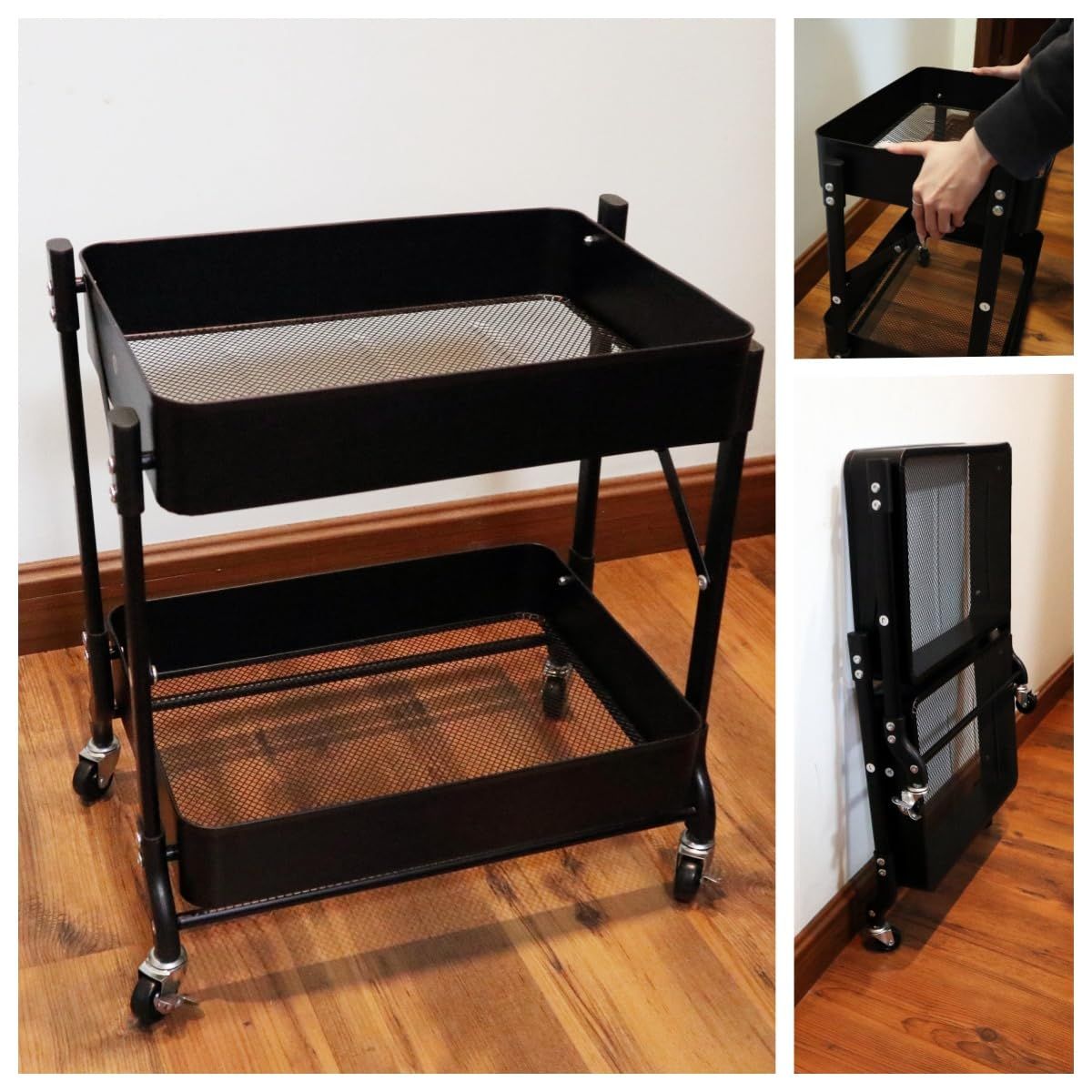 キッチンワゴン 折り畳み 2段タイプ 耐荷重40KG 幅46cm×奥行30cm×高さ51cm シンプルさ 収納ワゴン スチール製ボデイ キャスター付き スムース移動 吊り下げカップとフック小物収納 組立商品 (ブラック, 折畳２段)ｍａ