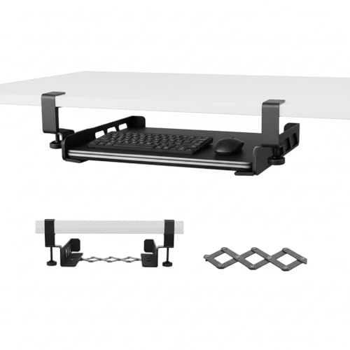 デスク下 収納 ノートパソコン 伸縮式 工具不要 天板1～5cm対応 最大10kg耐荷重 ノートPC/キーボード/本 整理 スチール製 ブラック (ブラック)ｍａ