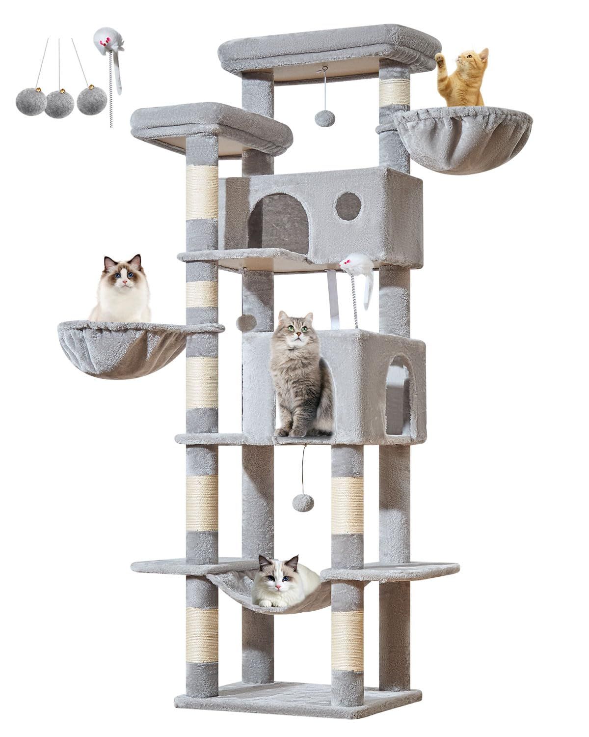 Taoqimiao キャットタワー 高さ 193cm 大型猫・多頭飼い対応 据え置き式 猫タワー 省スペース 天然サイザル麻爪とぎ柱 2 つの猫ハウス ハンモック付き 転倒防止付き 運動不足解消 安定頑丈 室内キャットツリー MS046W ライトグレー