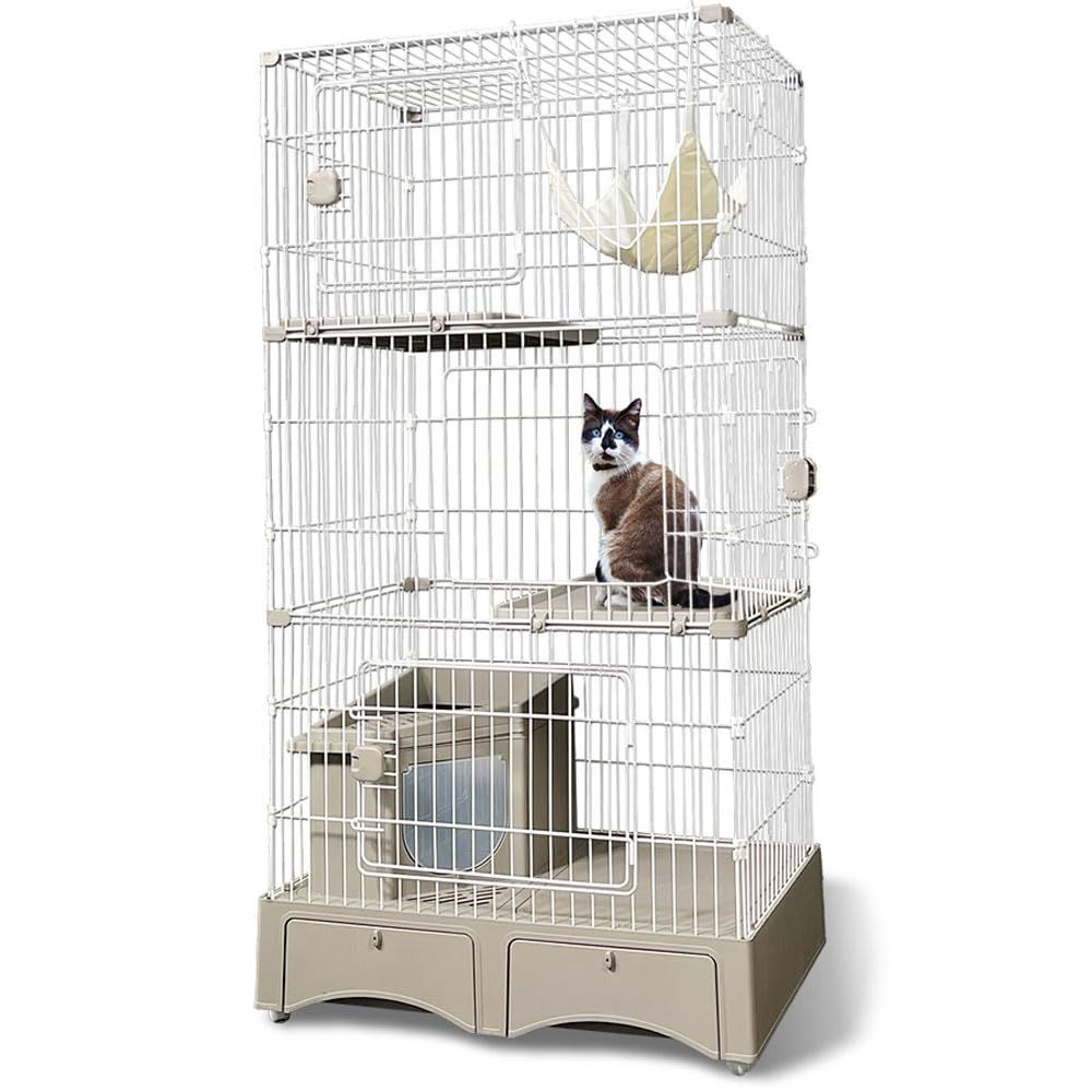 アイリスプラザ キャットケージ 猫 ケージ トイレ一体型 猫ケージ 3段(猫砂スコップ・ハンモック付き) グレー MB247