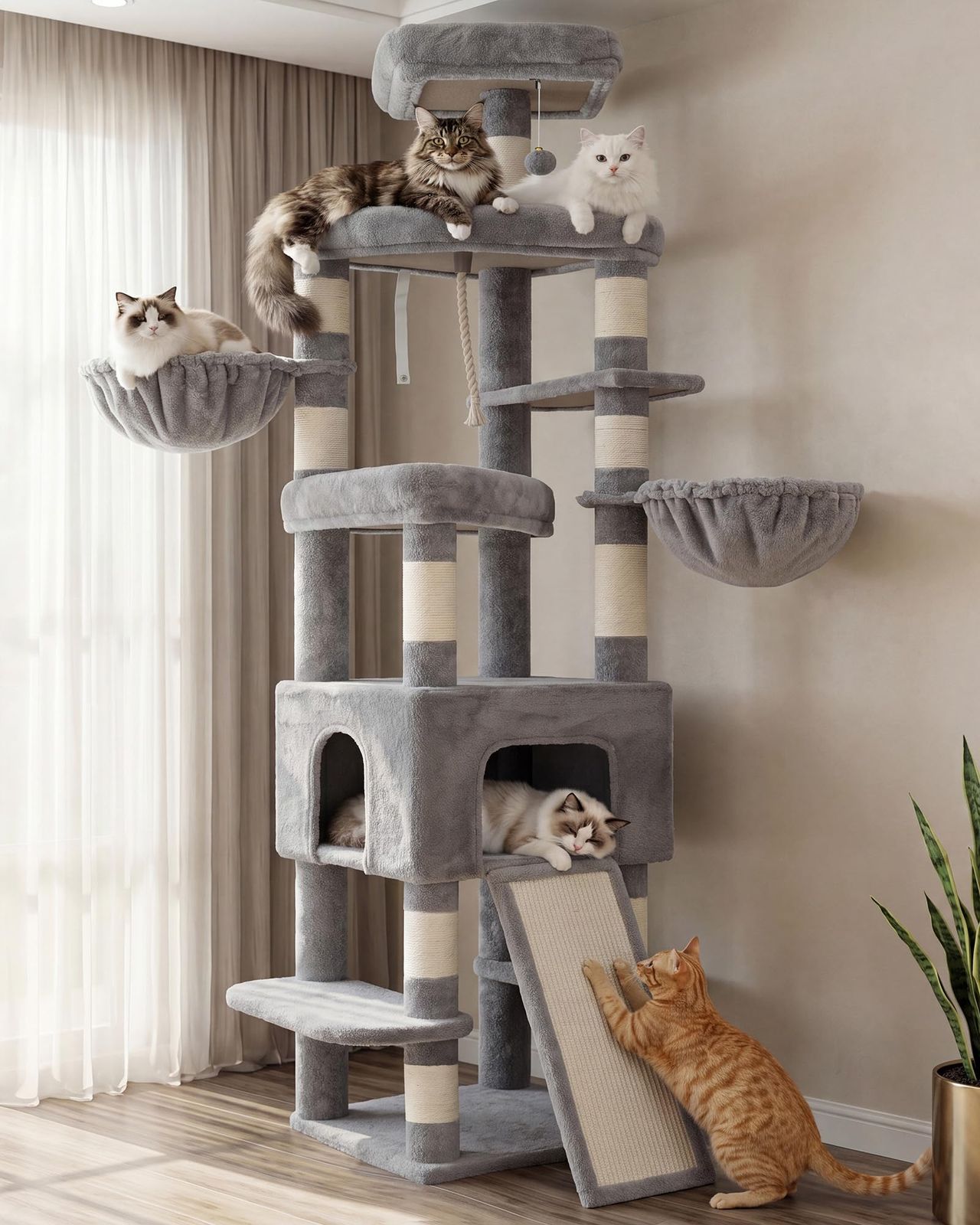 Heybly キャットタワー 210cm 大型猫対応 据え置き 猫タワー 多頭飼い 大型キャットタワー ハンモック2個 猫ハウス 爪とぎポール11本 ワイド爪とぎ板 多段ステップ 展望台 安定設計 室内猫 運動不足解消 ライトグレー HCT063W 13,943円