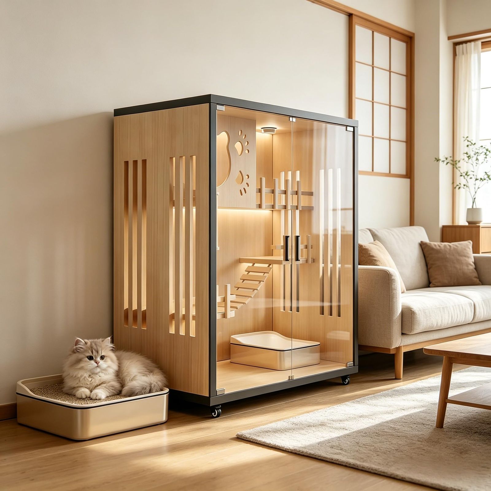 木製キャットケージ 透明扉付き TUIYIDUO 猫用ケージ キャットケージ 木製 キャットヴィラ キャスター