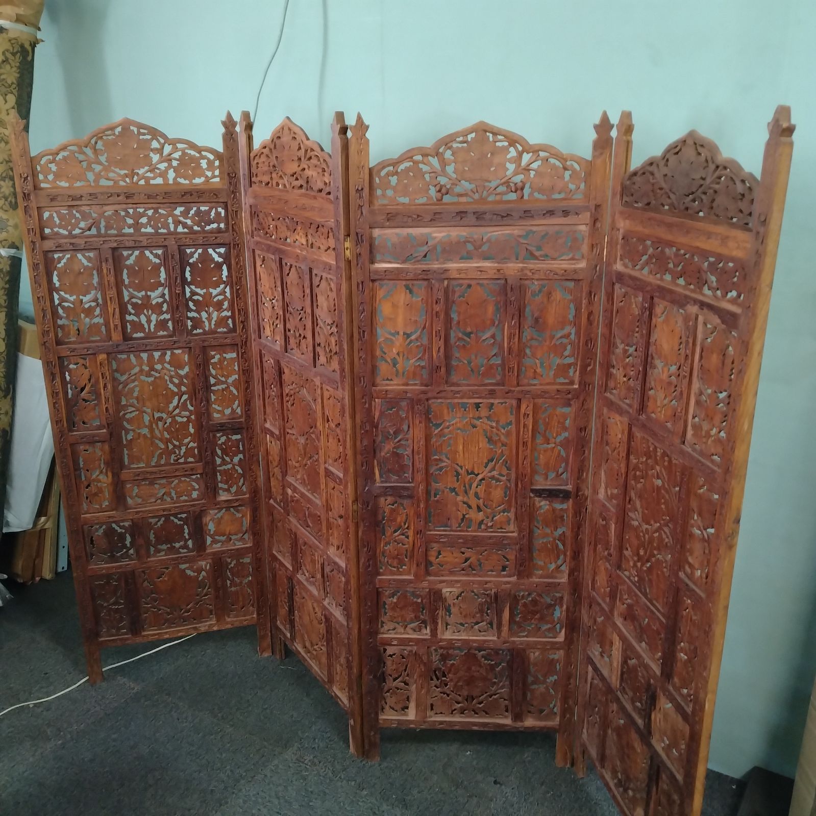 ◯ アジアン 木製 彫刻 パーテーション 4連 衝立 間仕切り 3F