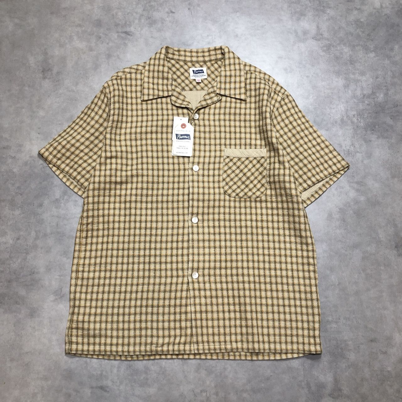 GQ6284◇Pherrow’s : PSSS1 シャツ◇44◇ベージュ系 フェローズ チェック ダブルガーゼ 半袖 定価¥17.600-