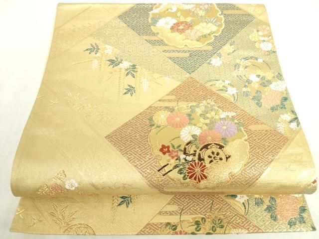 平和屋本店▼六通柄袋帯　唐織　雪輪飛鶴花文　本金箔　正絹　逸品　DABI5416op