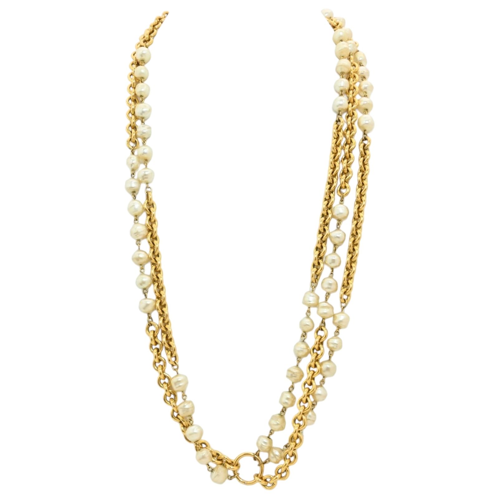 【中古】シャネル ロング ネックレス フェイクパール 3連 ダブルチェーン アクセサリー Bランク ch5647ce