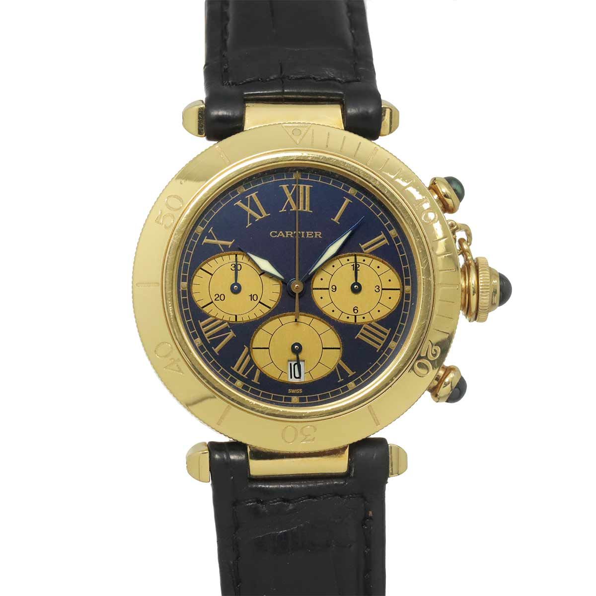 カルティエ Cartier パシャ 38mm W3003551 メンズ 腕時計 クロノグラフ デイト ブルー K18YG イエローゴールド クォーツ Pasha 90333211