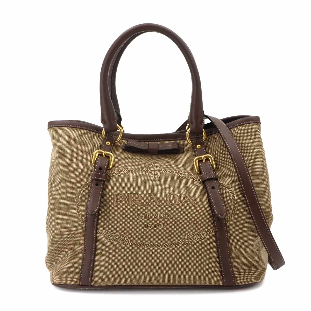 プラダ PRADA ロゴ ジャガード リボン 2way ハンド ショルダー バッグ キャンバス レザー ベージュ ブラウン Logo Jacquard Bag 90335350