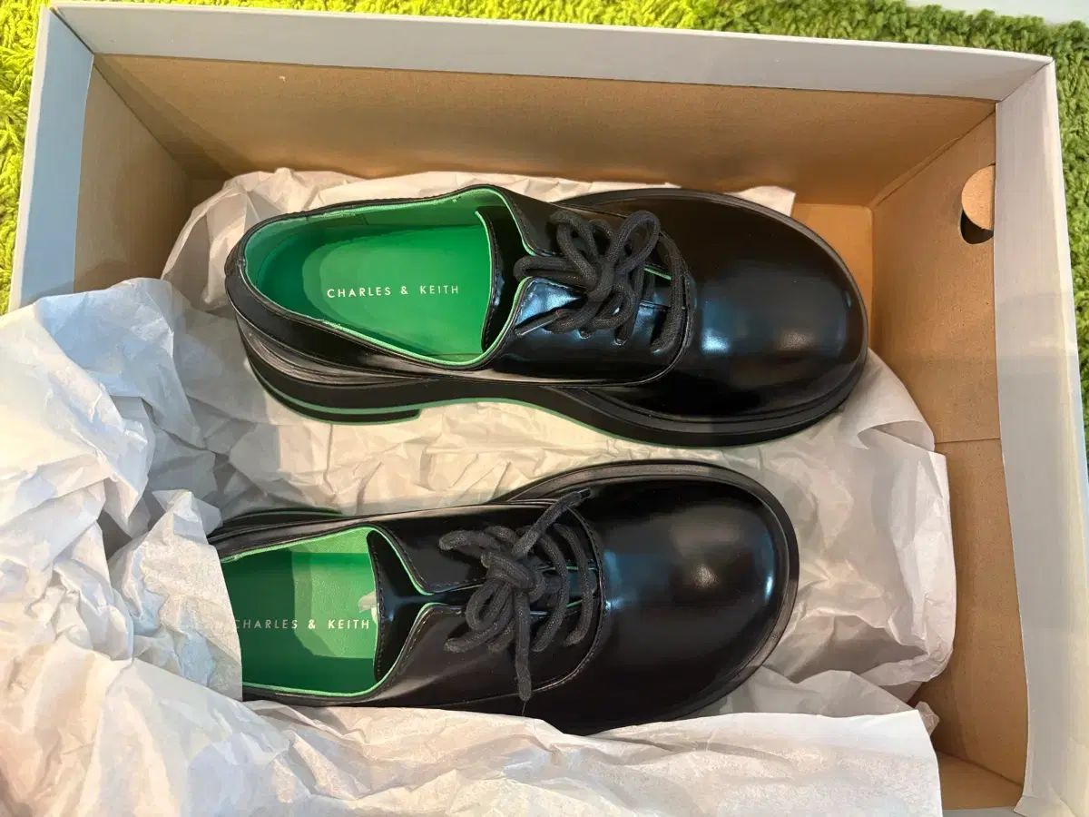 新品 正規品 CHARLES & KEITH チャールズアンドキース ブラック グリーン POINT レースアップ フラットフォーム オックスフォード / チャンキー 靴