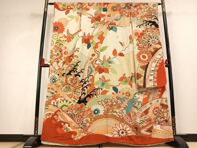 平和屋本店●アンティーク　大正ロマン　振袖　刺繍　草花文　金糸　金彩　正絹　逸品　AABL2813fy