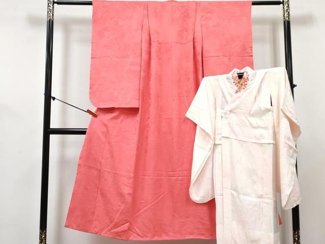 平和屋着物[]七五三　女の子　７歳　祝着　四つ身　襦袢(無双仕立て・半衿刺繍)セット　色紙立波地紋　珊瑚朱色　逸品　DABG3266ma
