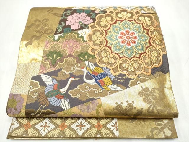 平和屋着物●六通柄袋帯　唐織　麗華扇形文　金糸　引箔　正絹　逸品　CABL0922hy