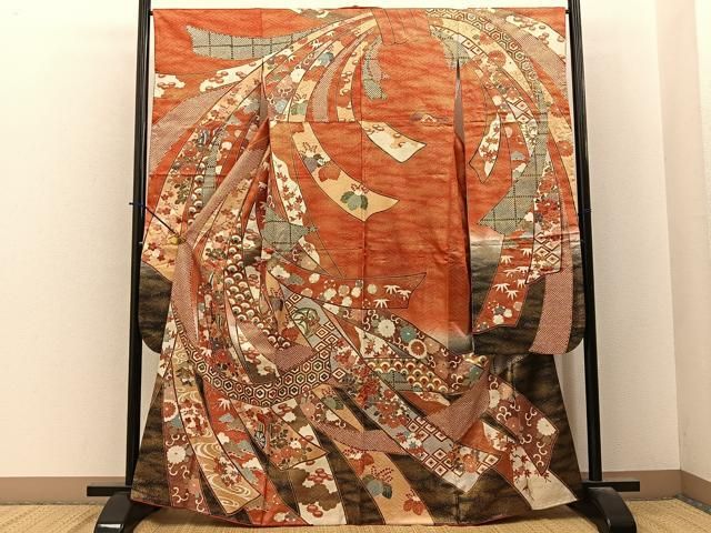 平和屋着物●豪華振袖　駒刺繍　束ね熨斗御所車花文　暈し染め　金彩　正絹　逸品　BAAY6180hj