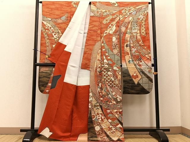 平和屋着物●豪華振袖 駒刺繍 束ね熨斗御所車花文 暈し染め 金彩 正絹 逸品 BAAY6180hj 平和屋着物●豪華振袖 駒刺繍 束ね熨斗御所車花文 暈し染め 金彩 正絹 逸品 BAAY6180hj