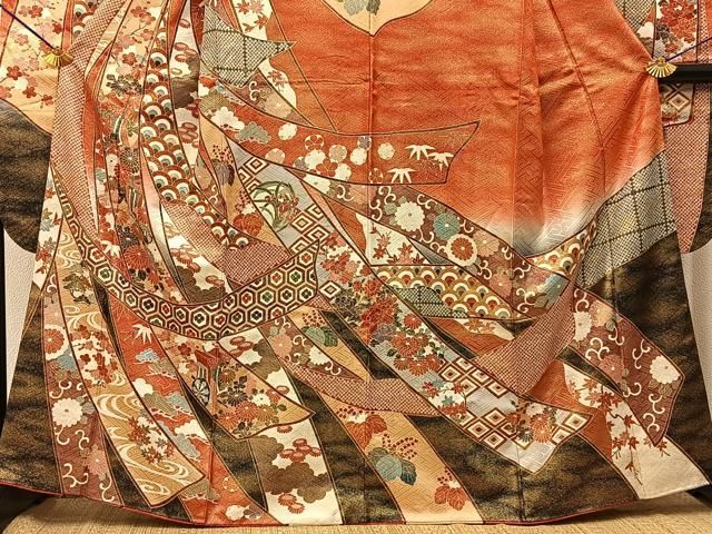 平和屋着物●豪華振袖 駒刺繍 束ね熨斗御所車花文 暈し染め 金彩 正絹 逸品 BAAY6180hj 平和屋着物●豪華振袖 駒刺繍 束ね熨斗御所車花文 暈し染め 金彩 正絹 逸品 BAAY6180hj