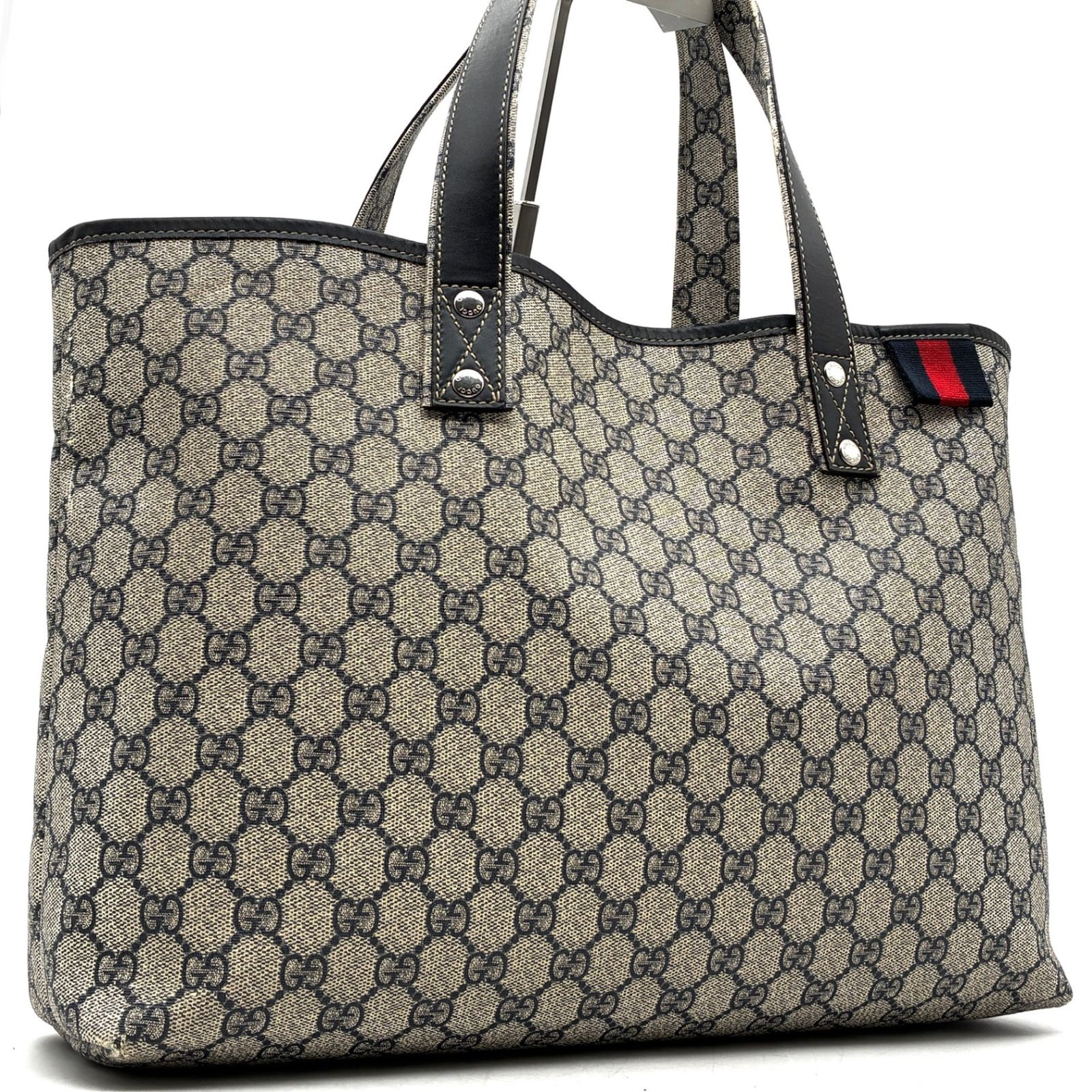 良品 グッチ GUCCI オールドグッチ GGプラス トートバッグ ハンドバッグ シェリーライン ベージュ ネイビー 紺 PVC レザー 大容量 夏休み 帰省 お盆 敬老の日 シルバーウィーク 秋 ハロウィン ギフト プレゼント