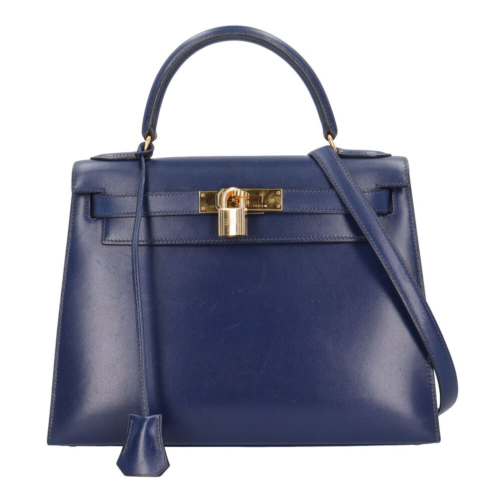 エルメス ケリー28　外縫い ショルダーバッグ ボックスカーフ ネイビー レディース HERMES 中古 エルメス