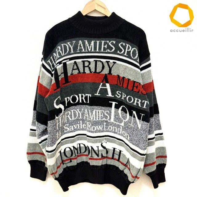 #wnc ハーディエイミス HARDYAMIES ニット・セーター L 黒 グレー 赤 ハイネック ボーダー ロゴ 英字 メンズ [1005008]