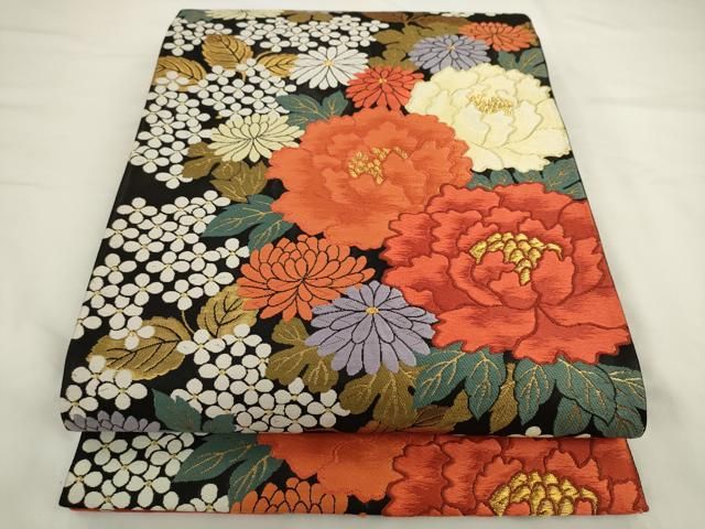 平和屋着物●六通柄袋帯　唐織　草花文　黒地　金糸　正絹　逸品　AABL2187pf